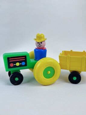 Vintage Fisher Price Little People Green Farm Tractor & Trailer Cart With Farmer